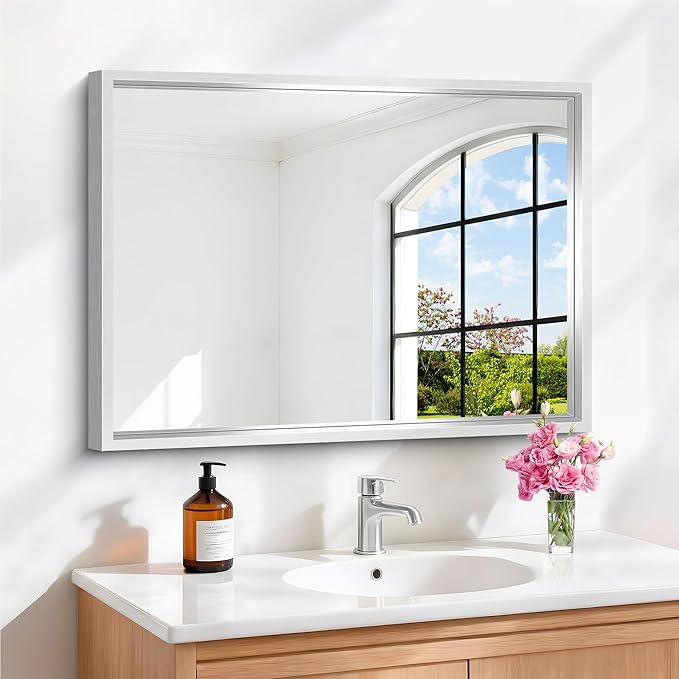 18x24 Silver Bathroom Mirror, Brushed Silver Rectangular Mirror - Image 5