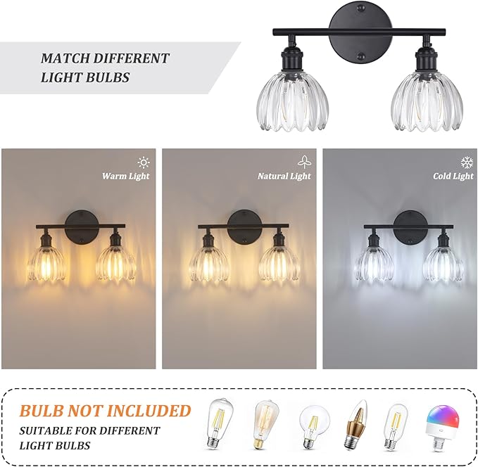 Shenmoyl Bathroom Light Fixtures, 2-Light Black Vanity Wall Light Over Mirror - Image 4