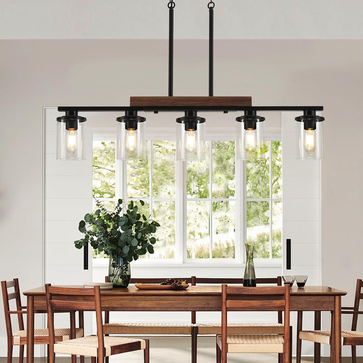 36.2‘’ Kitchen Lighting, 5-Light Dining Room Light Fixture Chandelier Over Table, Black Modern Rustic Wood Ceiling Pendant Light Fixtures, with Clear Glass Shade, Farmhouse Chandelier | 5‑Light Matte Black Pendant Lights,Wood Rustic Linear Kitchen Island