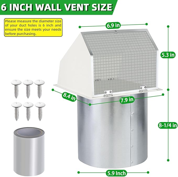6 Inch Hooded Wall Vent with Screen and Damper, Wall Exhaust Vent Cover Cap - Image 2