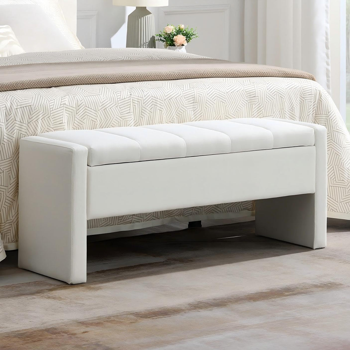 47.25 inch storage ottoman bench, linen upholstered, white, main product view