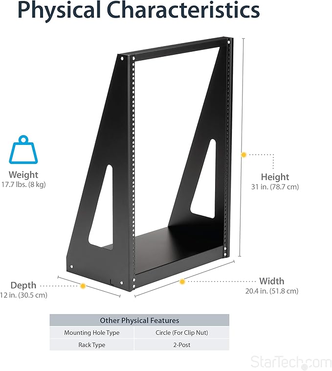 StarTech.com 2-Post 16U Heavy-Duty Desktop Server Rack, Small Open Frame 19in - Image 2