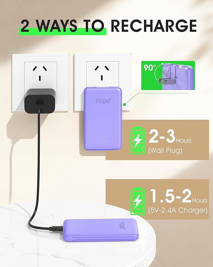 TG90° 2 Pack 5000mAh Power Bank, Small Portable Charge Built-in AC Plug and - Image 6