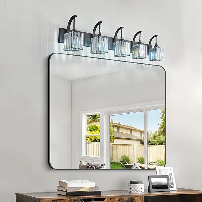 FDPBY 5-Light Crystal Vanity Light, Modern Black Bathroom Wall Sconce - Image 7