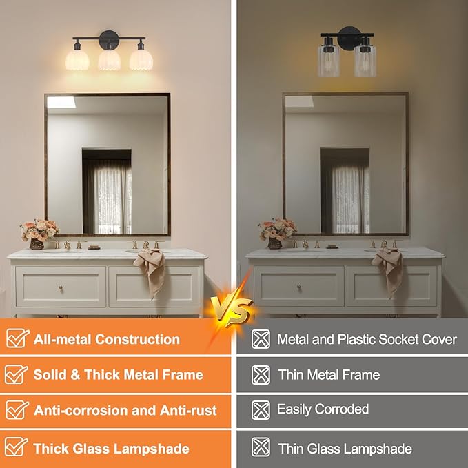 Shenmoyl Bathroom Light Fixtures, 3-Light Black Vanity Wall Light Over Mirror - Image 3