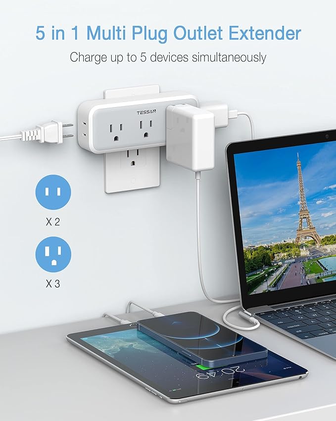 Multi Plug Outlet Extender, TESSAN Surge Protector Wall Plug Splitter - Image 2