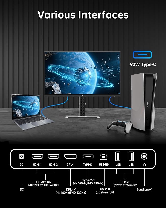 KTC 27 Inch Gaming Monitor 4K, Dual Mode UHD 160Hz & FHD 320Hz, PD 90W Type-C - Image 4