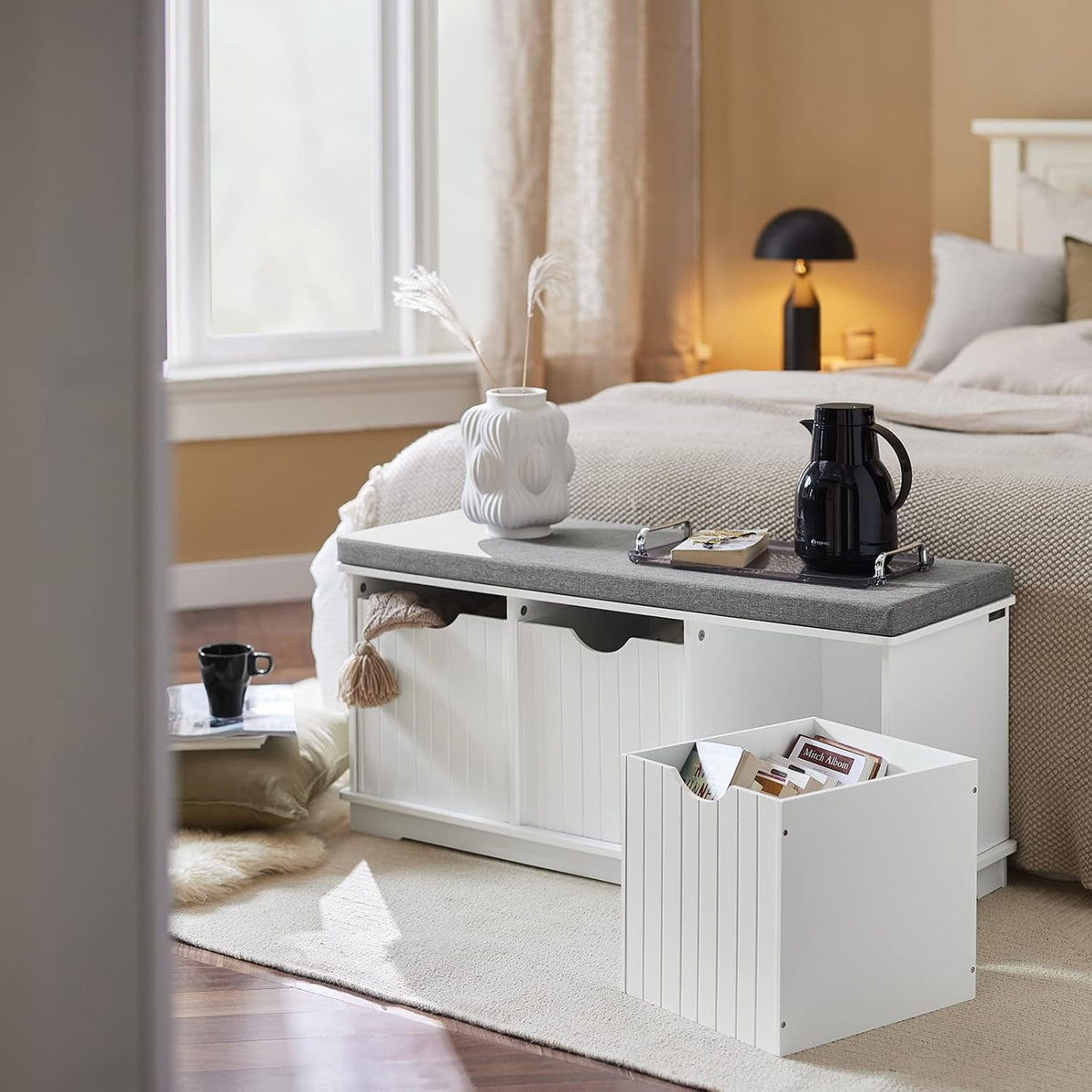 haotian white storage bench with drawers & seat shown in use
