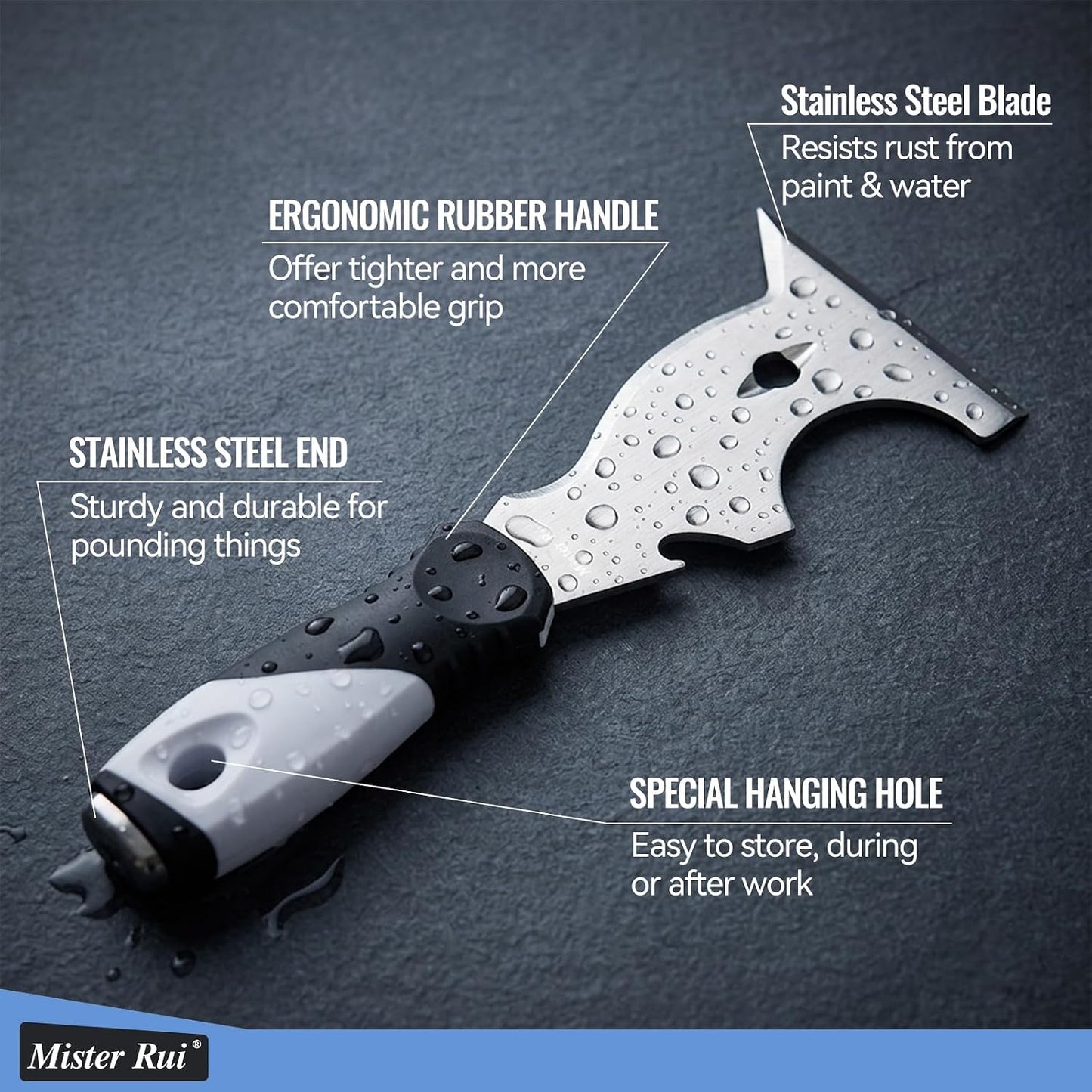 Mister Rui 10-in-1 Putty Knife, MultiUse Paint Scraper Tool, Hammer End | Versatile putty knife and scraper tool for paint removal, floor scraping. Multi-use tool for cleaning and repairing