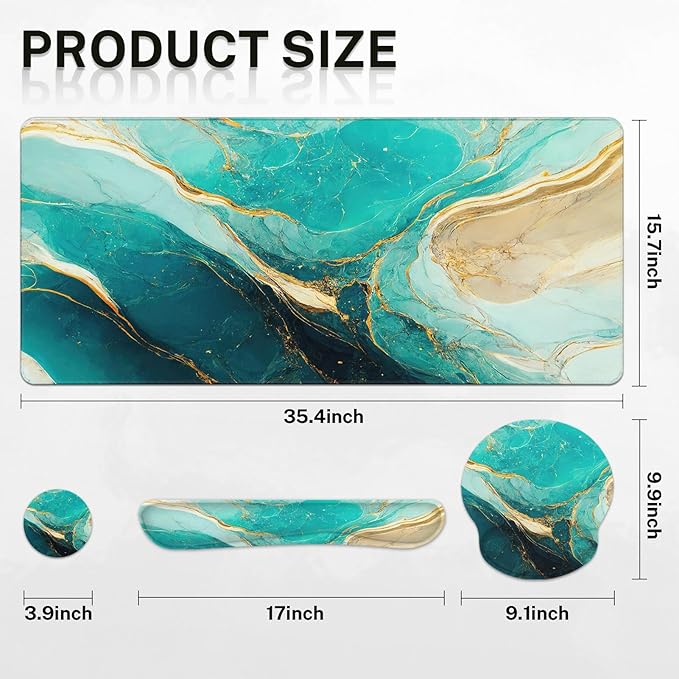 Britimes Green and Gold Marble Keyboard Mouse Pad Set 4in1 Large - Image 2
