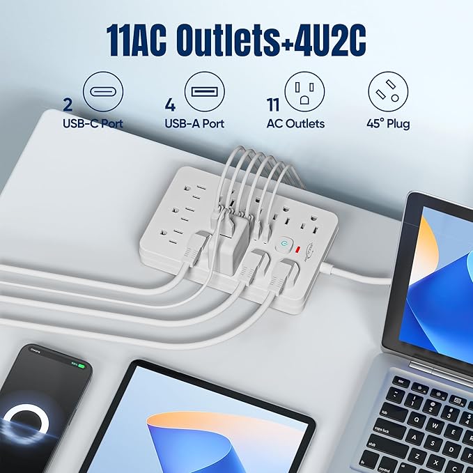 JouleLoom 20 FT Flat Plug Surge Protector Power Strip, 11 Multiple AC Outlets - Image 2