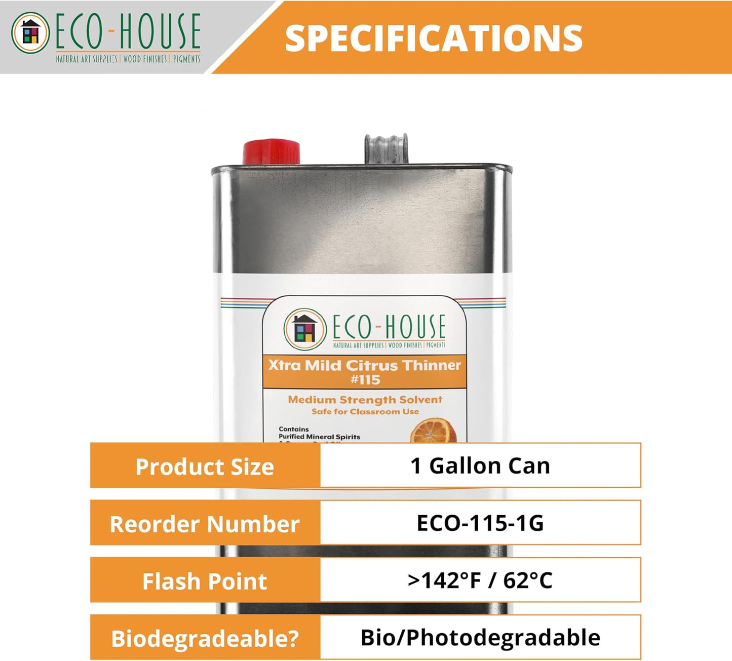 Eco House 115 Xtra Mild Paint Thinner – Citrus Scent, Low Odor, Safe Alternative to Turpentine – Eco-Friendly Solvent for Oil Paints, Natural Resins & Varnishes – 3.78L (1 Gallon)