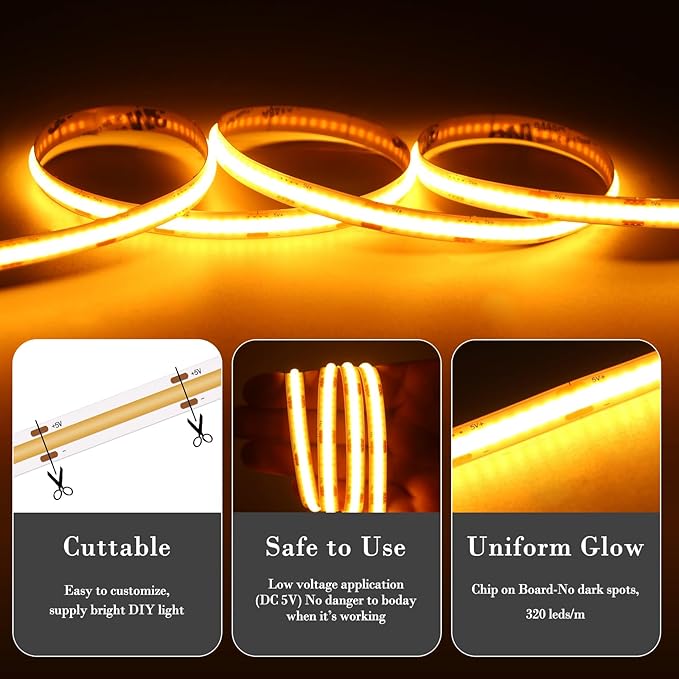 Short LED Strip Lights Yellow 5V USB Not Dimmable Flexible COB LED Rope Lights - Image 4