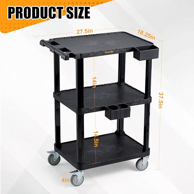 ELAFROS Heavy Duty Utility Cart, 27.5 x 18.25 Inch, 3-Tier Rolling Cart - Image 2