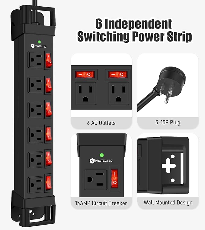 Heavy Duty Power Strip, 6 Outlets Metal Power Strip - Image 2