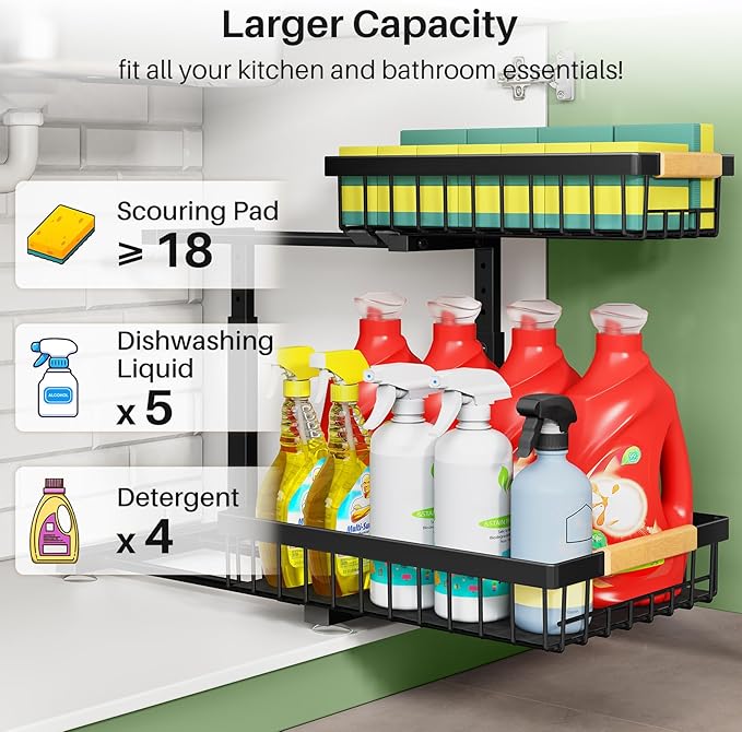 Pull out Cabinet Organizer, 2 Tier Under Sink Organizer, Slide out Metal - Image 3