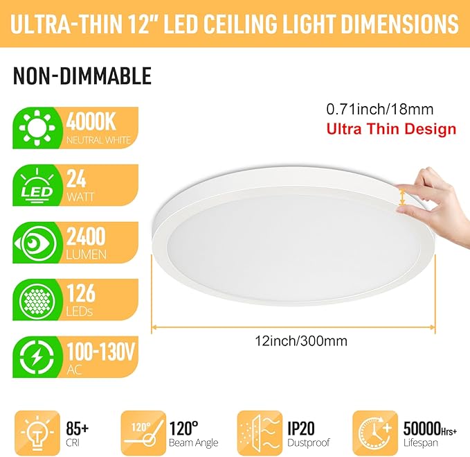SunRider LED Flush Mount Ceiling Light Fixture, 4000K Neutral White, 12 Inch - Image 2