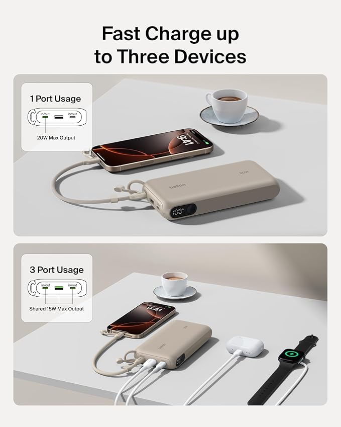 Belkin Portable Charger, USB-C Power Bank 20, 000mAh w/ 2X USB-C Ports & 1x A - Image 2