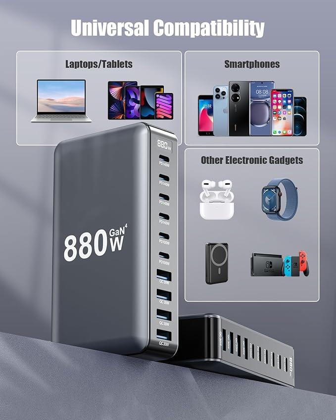 880W USB C Charger Block, 10-Port USB C Charging Station GaN IV Travel - Image 3