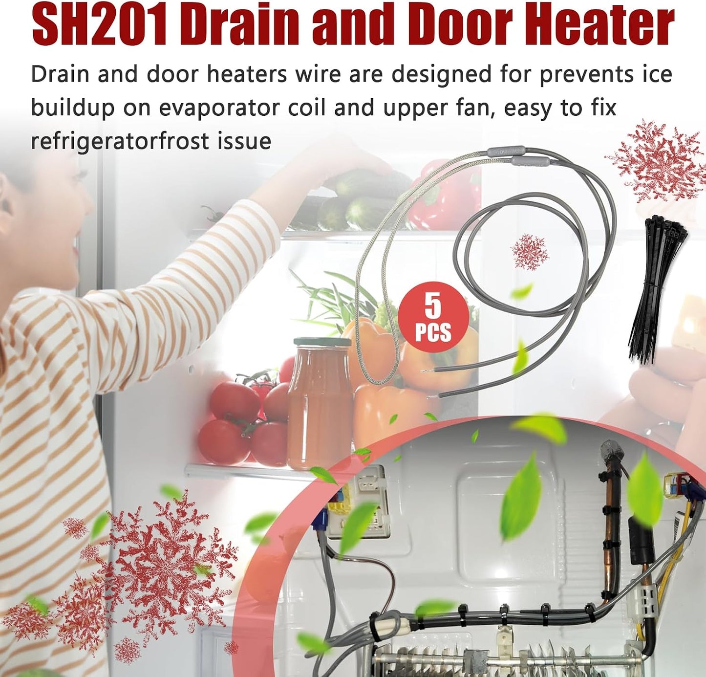 5-Pack SH201 Drain and Door Heater for Samsung and Most supco Refrigerators - Defrost Heater 7/16 Diameter 115V 15W 25 Inch Long Heater Wire - Refrigerator Drain Heater Tip with 50 Pcs Zip Ties