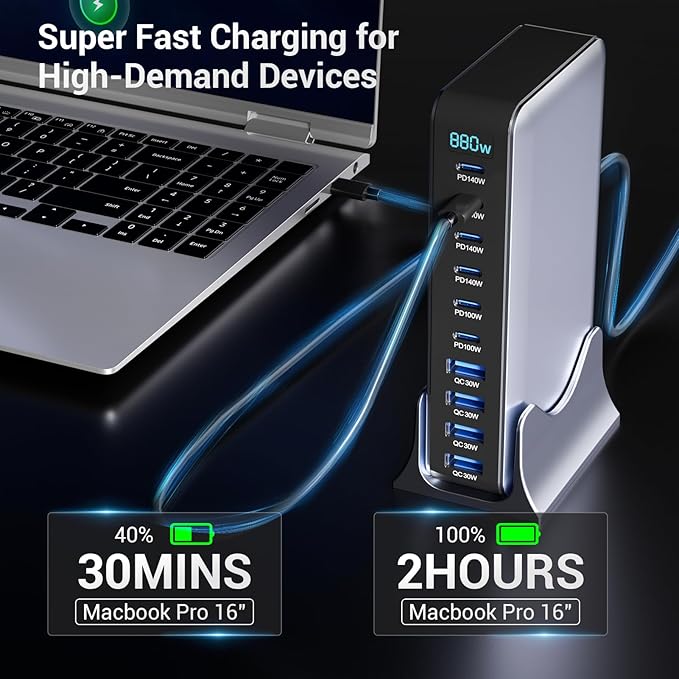 Zeroffi 880W USB C Charger Block, 10-Port USB Fast Charging Station Hub - Image 4