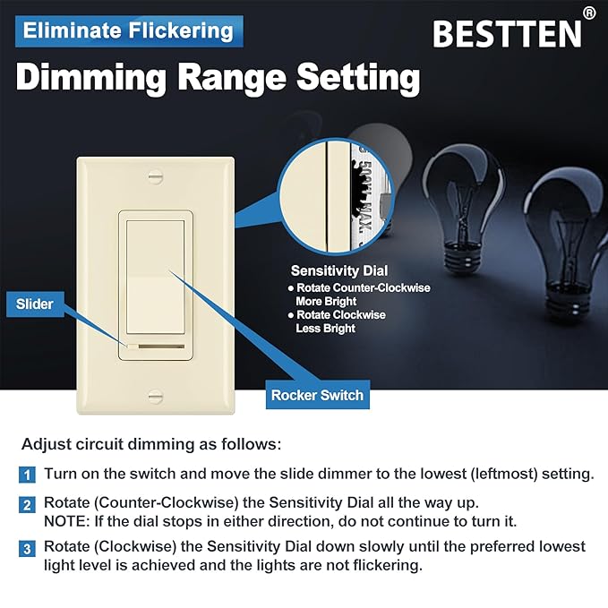 BESTTEN 10 Pack Almond Dimmer Light Switch, 3 Way or Single Pole Dimmer Switches - Image 4