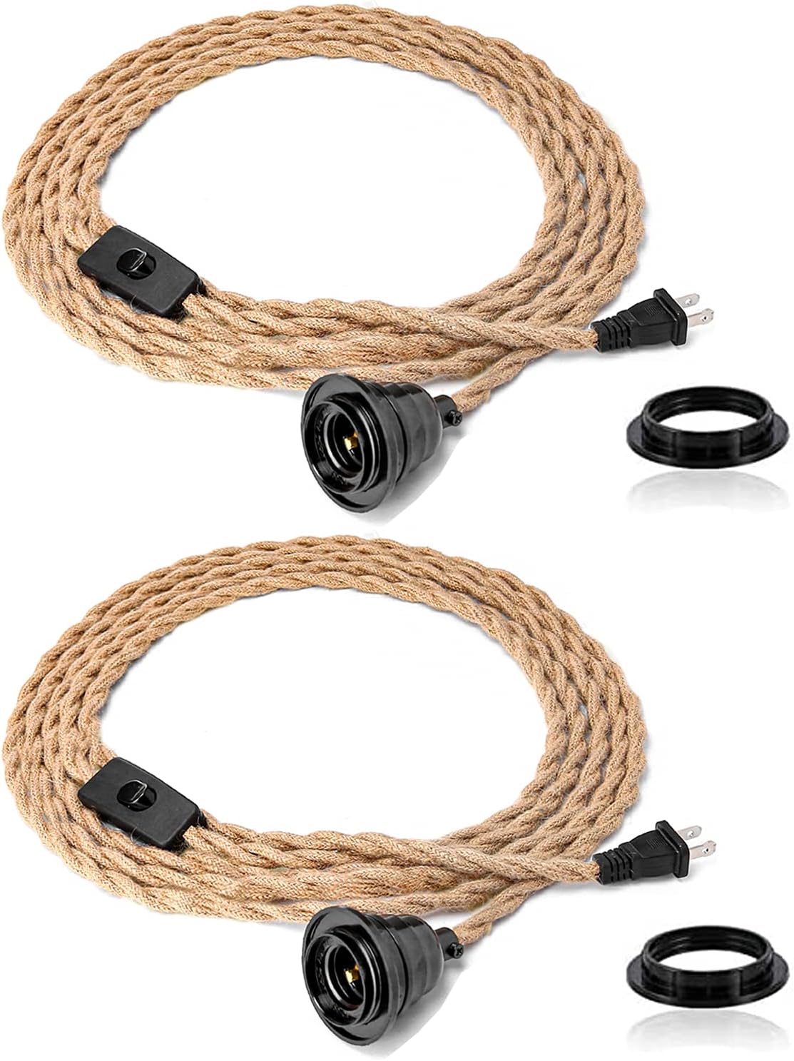 FRIDEKO HOME Farmhouse 15ft Pendant Lights - Hanging Lights with Plug in Cord Hemp Rope Pendant Lights Rustic Hanging Lamps that Plug into Wall Outlet for Kitchen Island Bedroom DIY Decor - 2 Pack