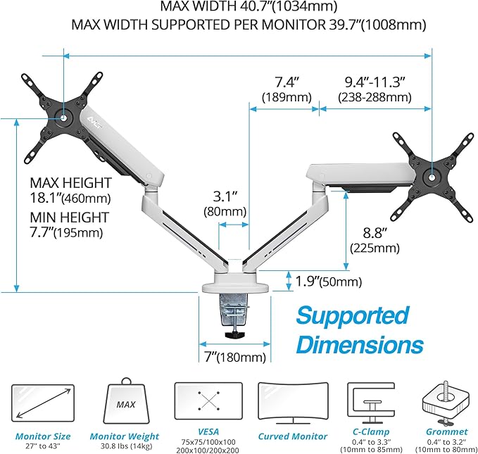 AVLT Dual 27”-43” RGB Gaming Monitor Arm Desk Mount Built-in 20 Lighting Modes - Image 4