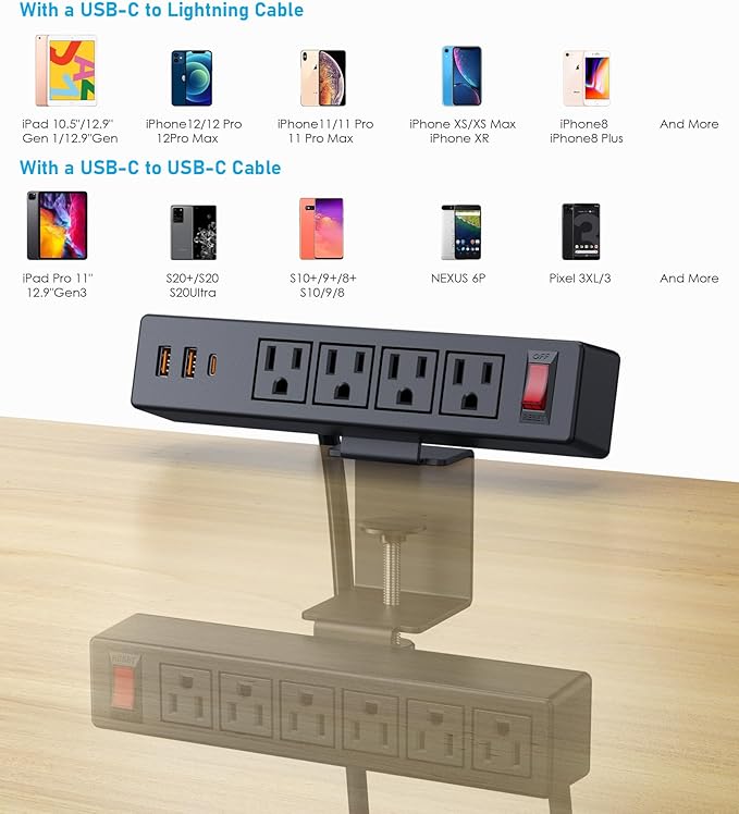 Dual Layer Desk Clamp Power Strip Surge Protector, Under Desk Power Strip - Image 4