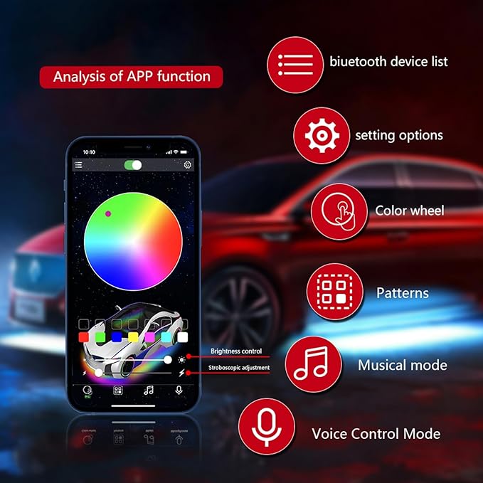 Goodream Car Underglow Kit, 12V 6 pcs RGB Led Lights Strip Neon Ambient Sets - Image 5
