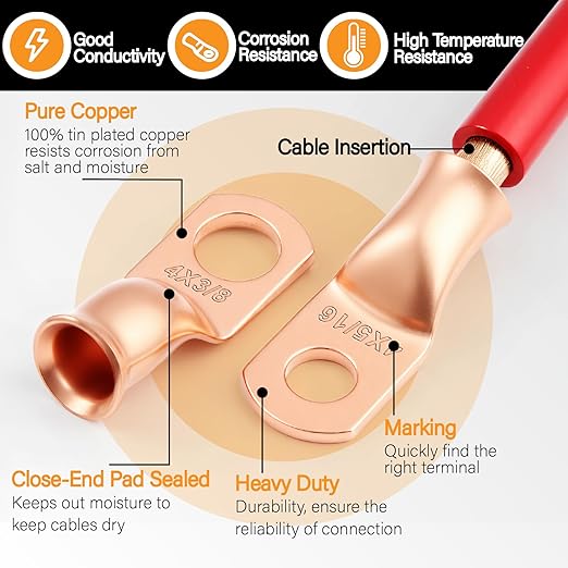 20PCS 4 AWG 5/16 3/8 inch Battery Cable Lugs, 4 gauge Copper Crimp Connector - Image 3