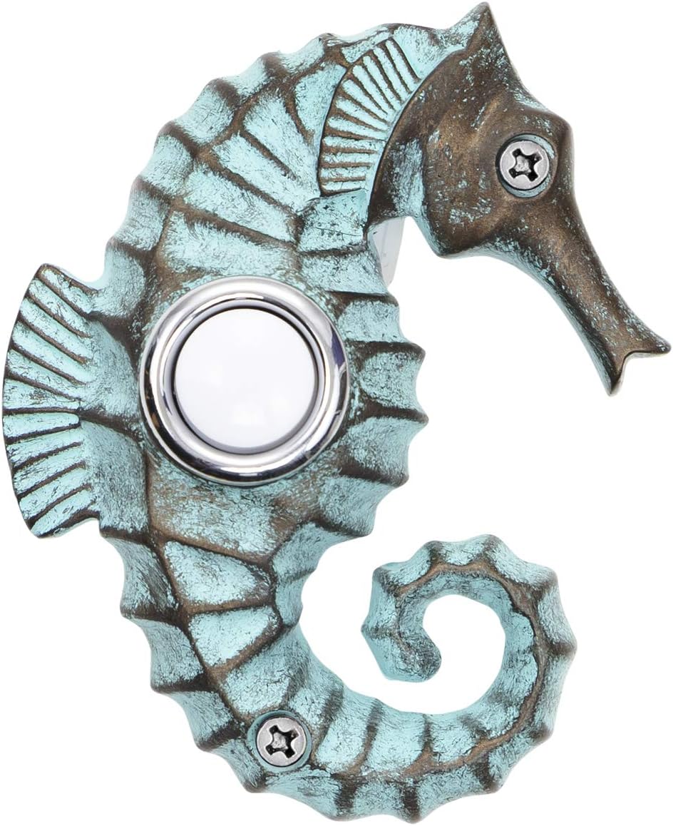 Hand Painted Seahorse Doorbell - Wired & Illuminated Push Button Cast in Durable Polyresin