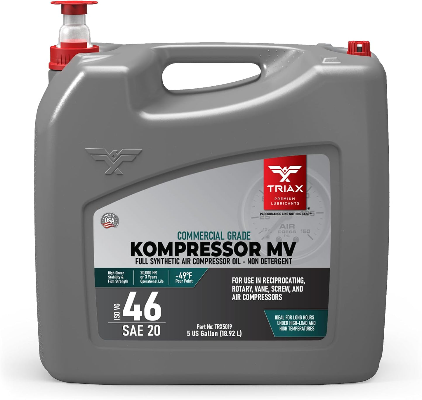 TRIAX Kompressor ISO 46 SAE 20, Full Synthetic, Multi-Vis Air Compressor Oil | for Rotary, Vane, Screw, and Reciprocal | Commercial Grade | High Temp | Non-Detergent (5 Gallon)