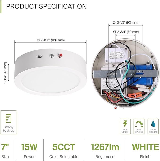 ASD LED 7" Round Flush Mount Ceiling Light Fixture, Low Profile Surface - Image 2