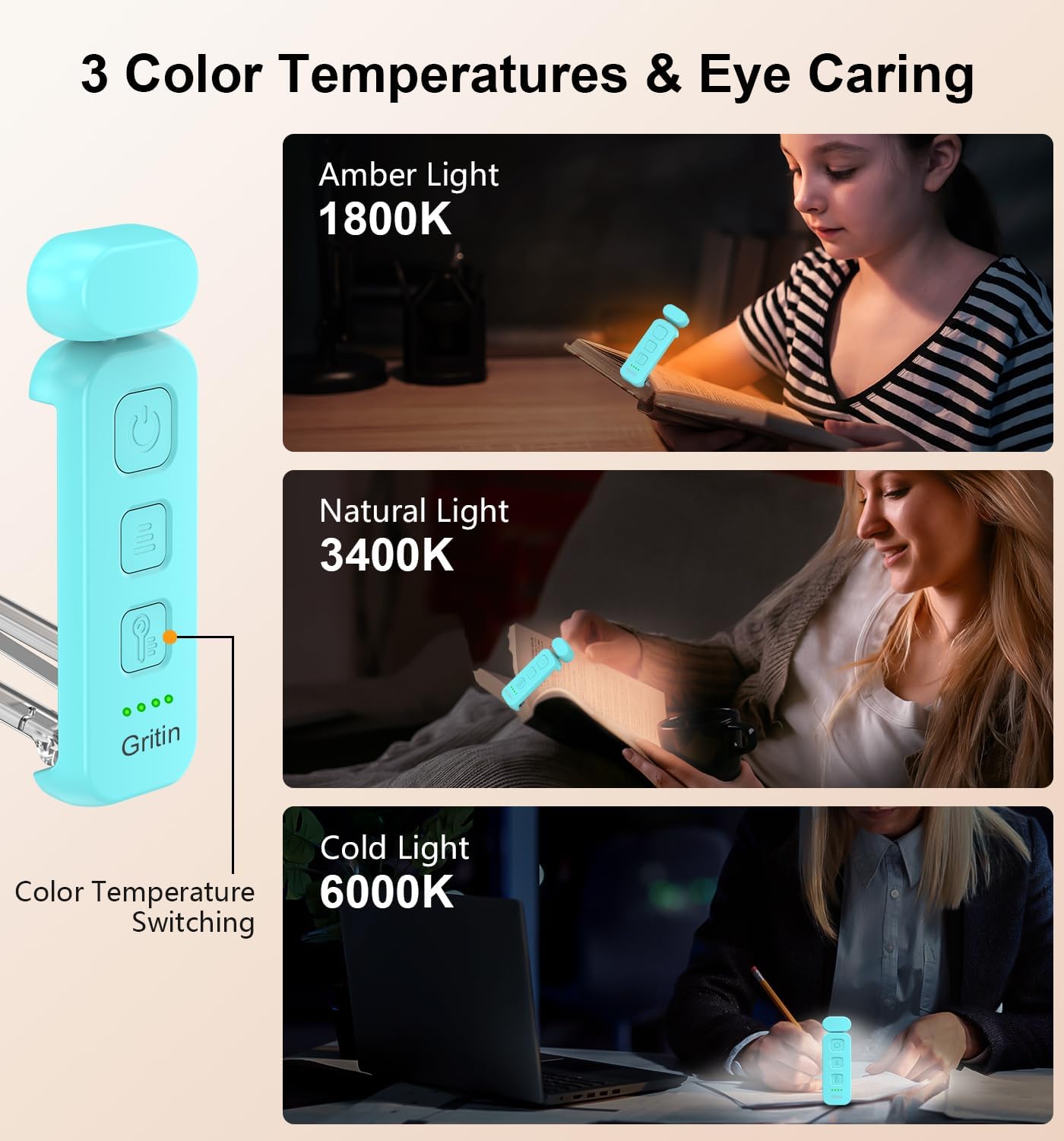 Gritin Reading Light, Rechargeable Book Light for Reading in Bed | Eye Caring 3 Color Temperatures, 5-Level Dimmable Brightness, Long Lasting, Compact Size Clip on Book Lamp for Bookworms-Blue
