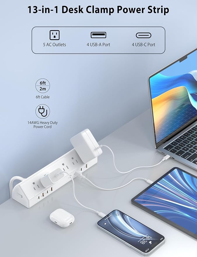 Desk Clamp Power Strip 65W Fast Charging Station, 4 PD USB-C, 5 Outlets - Image 4