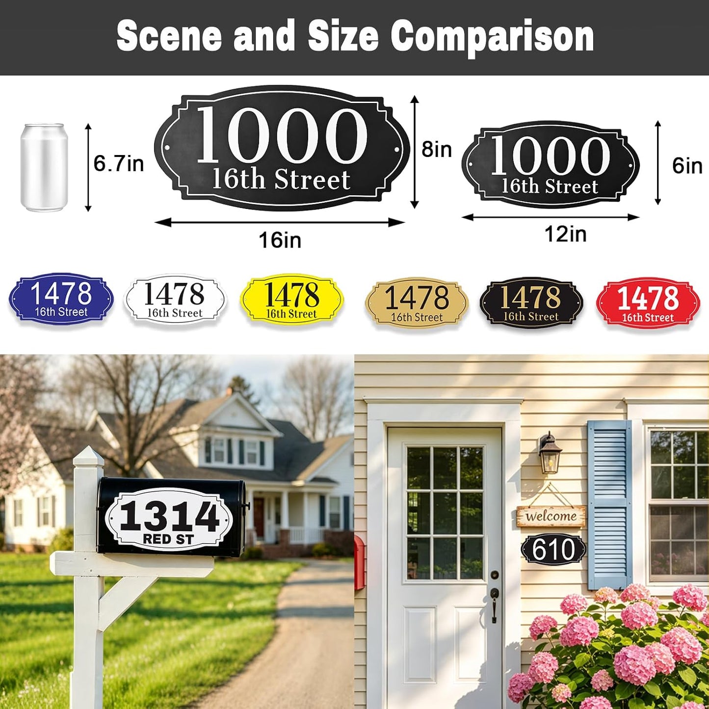 Metal Address Signs for Houses Rustproof Aluminum House Numbers for Outside | 80Mill Thick Metal Rustproof Aluminum Custom Home Address Signs Mailbox Plaque for Door, Yard, Street 12x6/16x8In 12 Colors