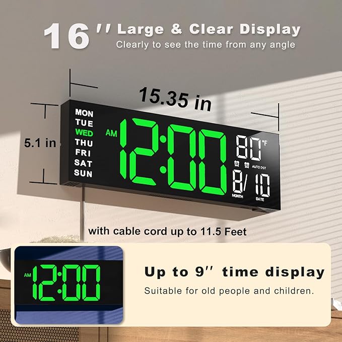 JALL 16" Large Digital Wall Mount Clock, Count Down Timer, Big LED, RGB Color - Image 2