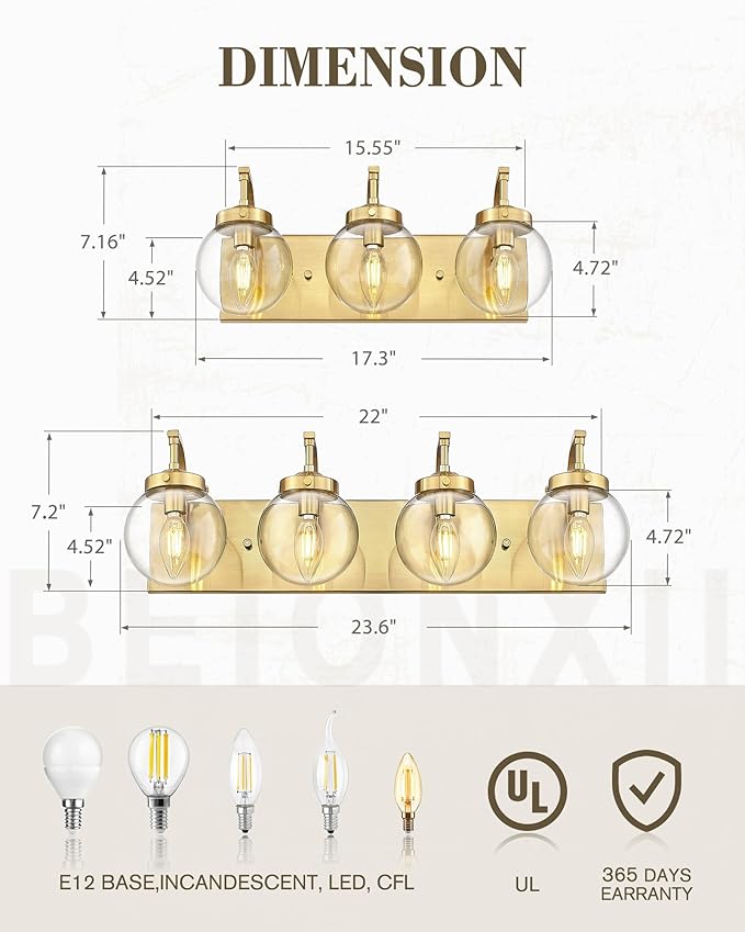 Beionxii Bathroom Vanity Light, 3-Light Brushed Gold Bathroom Light Fixtures - Image 4