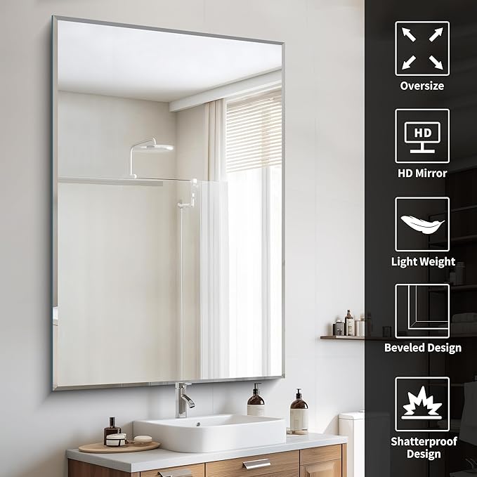 CILIBER 60x40 Large Beveled Mirror, Frameless Beveled Bathroom Mirrors - Image 5