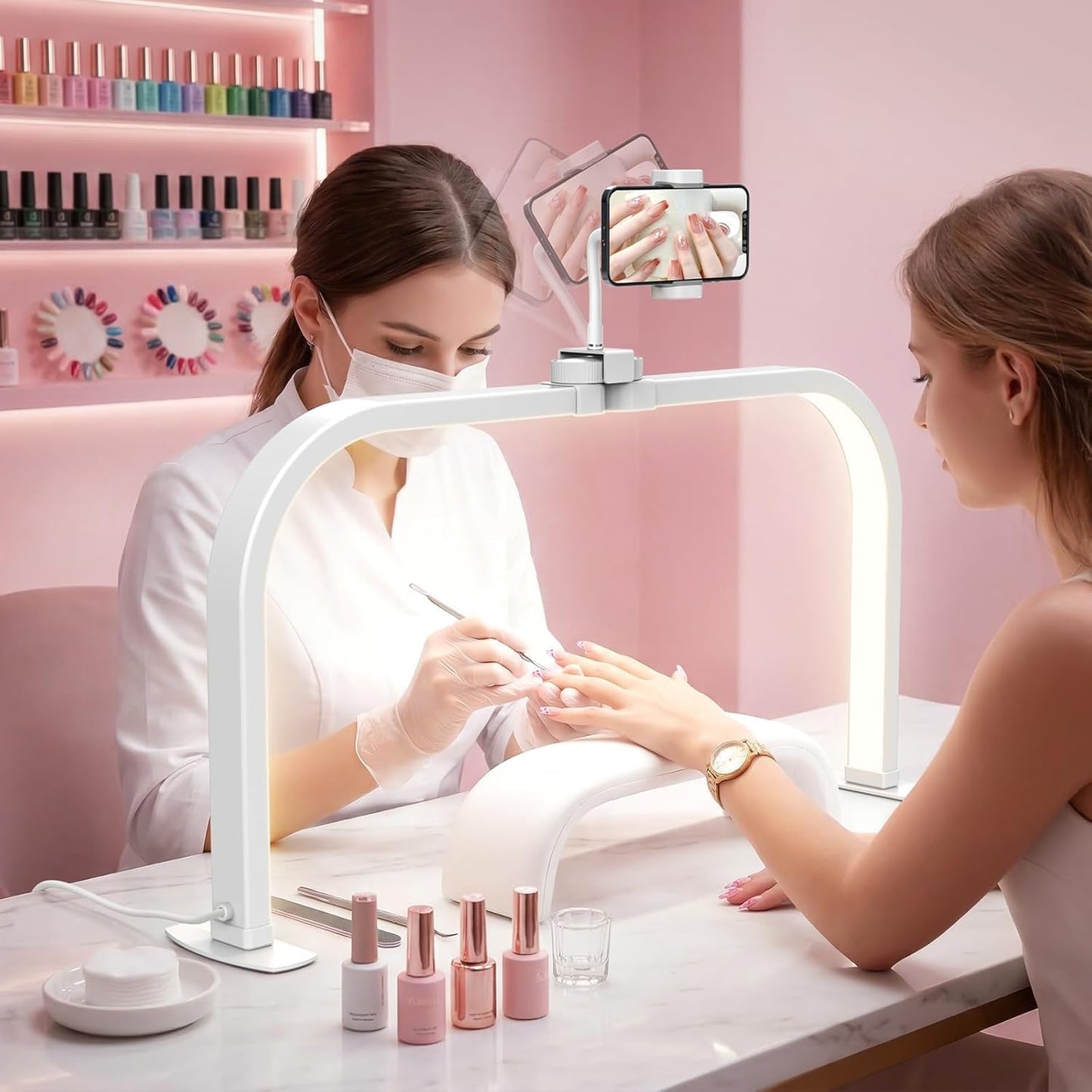 Half Moon Light for Nail Desk: 180 ° Shadow-Free Arc Light For Manicurist | 29" Foldable Half Moon Desk Lamp With Phone Holder - 3 Color Mode & 10 Brightness - Provide a Bright Work Area For Nail Tech