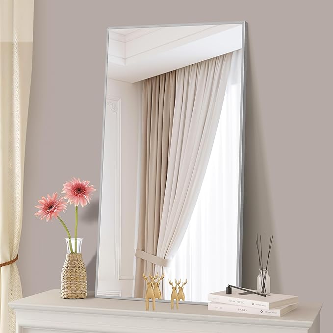 48x24In Silver Bathroom Mirror for Wall, Brushed Nickel Rectangle Mirrors - Image 4