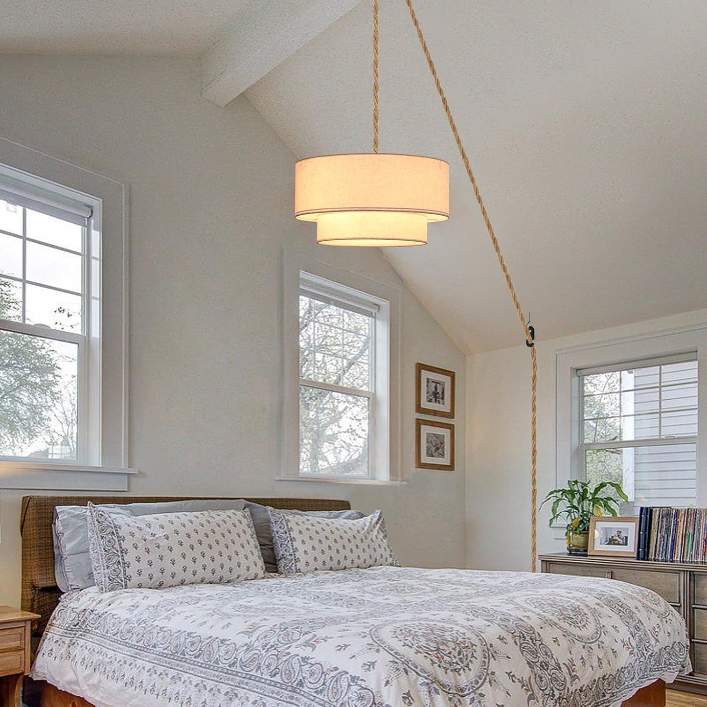 Plug in Pendant Light, 2-Tier Drum Linen Pendant Lights with 15.7FT Handmade Woven Light Cord，17.7" Plug in Chandelier for Dining Room Kitchen Island and Bedroom