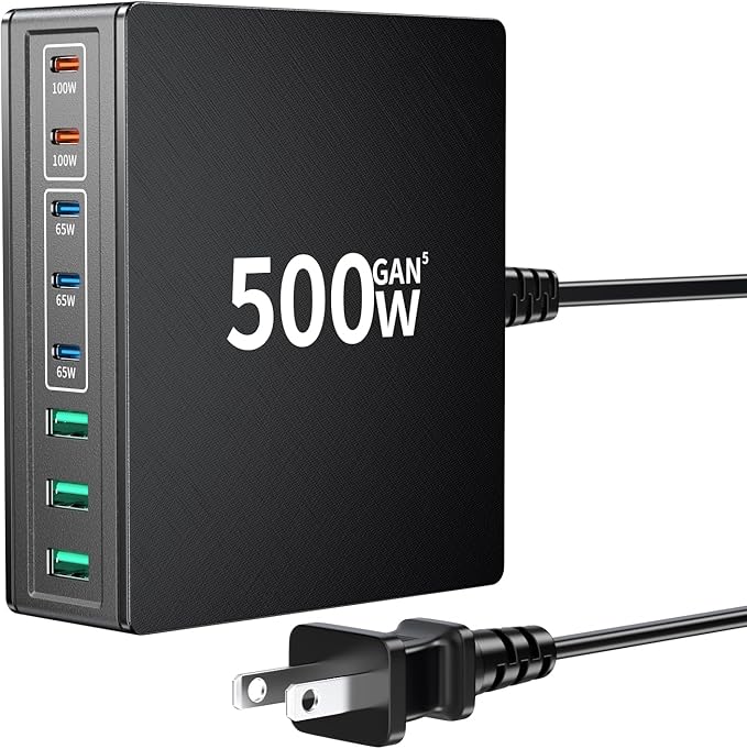 500W USB C Charger Block: 8-Port GaN Charging Station Hub by Rottay