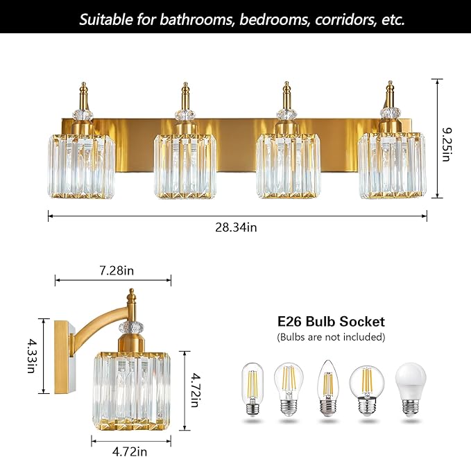 BBLLWJ Modern Bathroom Vanity Light 4-Light Gold Crystal Light Fixtures Over - Image 4