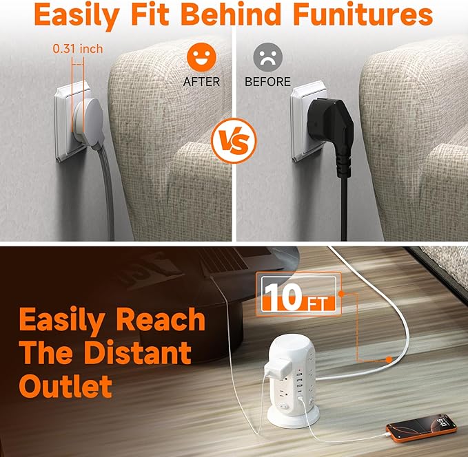 Tower Power Strip with 12 Outlets and 5 USB Ports, Flat Extension Cord 10 Ft - Image 5