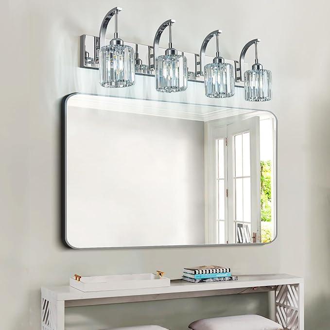 FDPBY 4-Light Crystal Vanity Light, Modern Chrome Bathroom Wall Sconce - Image 3