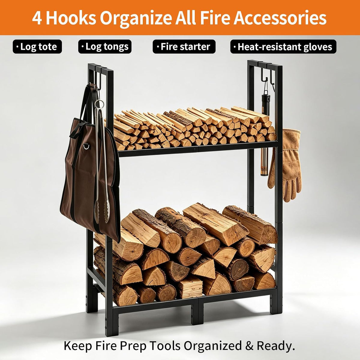 firewood rack indoor outdoor with log carrier, 2-tier on a desk or shelf