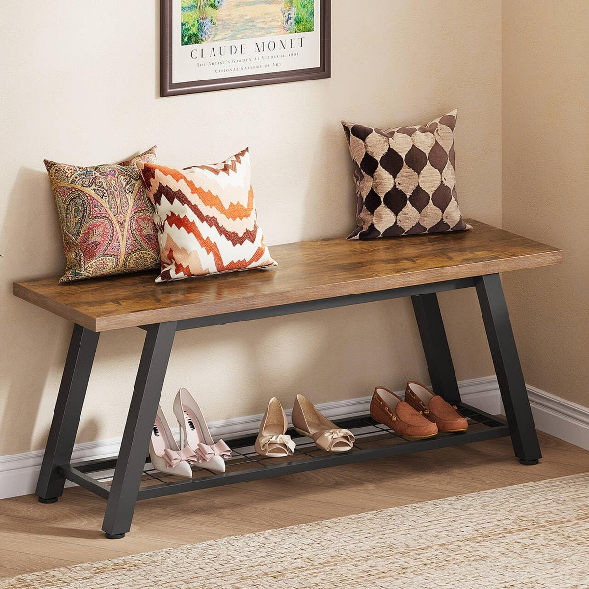 oastreeful storage bench industrial rustic wooden and metal shown in use