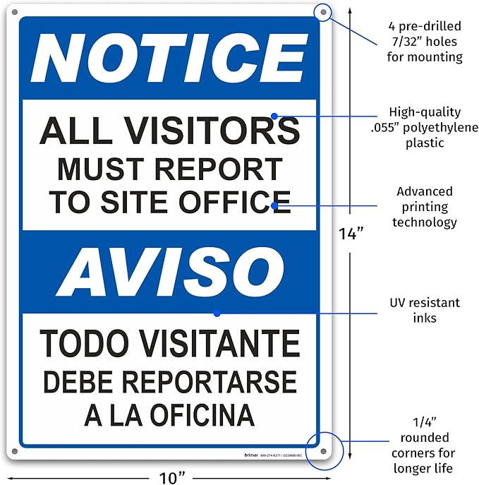 Brimar - 10" x 14" - Bilingual All Visitors Report Site Office Sign - .055″ - Image 2